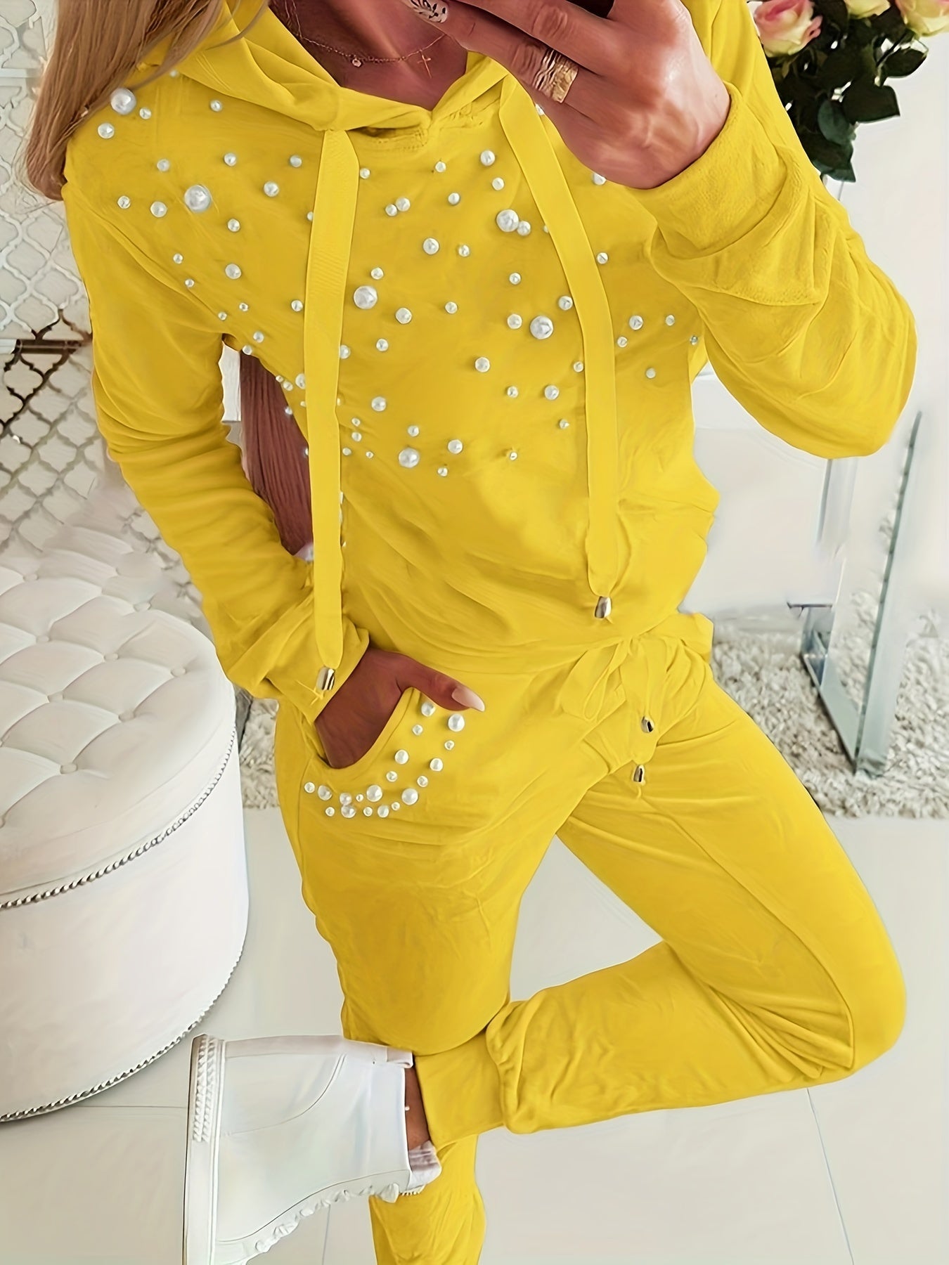 Casual Beaded Two-piece Set, Long Sleeve Pullover Hoodie & Drawstring Pants Outfits, Women's Clothing